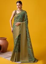 Cotton Hazel Green Festival Wear Floral Print Saree